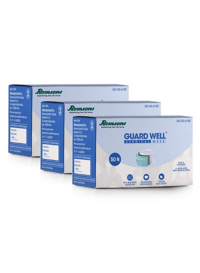 Romsons Guard Well 3 Ply Surgical Face Mask Tie-On Ear Loops, 50 Pcs/Pack, (Pack of 3) 150 Pcs - Image 1