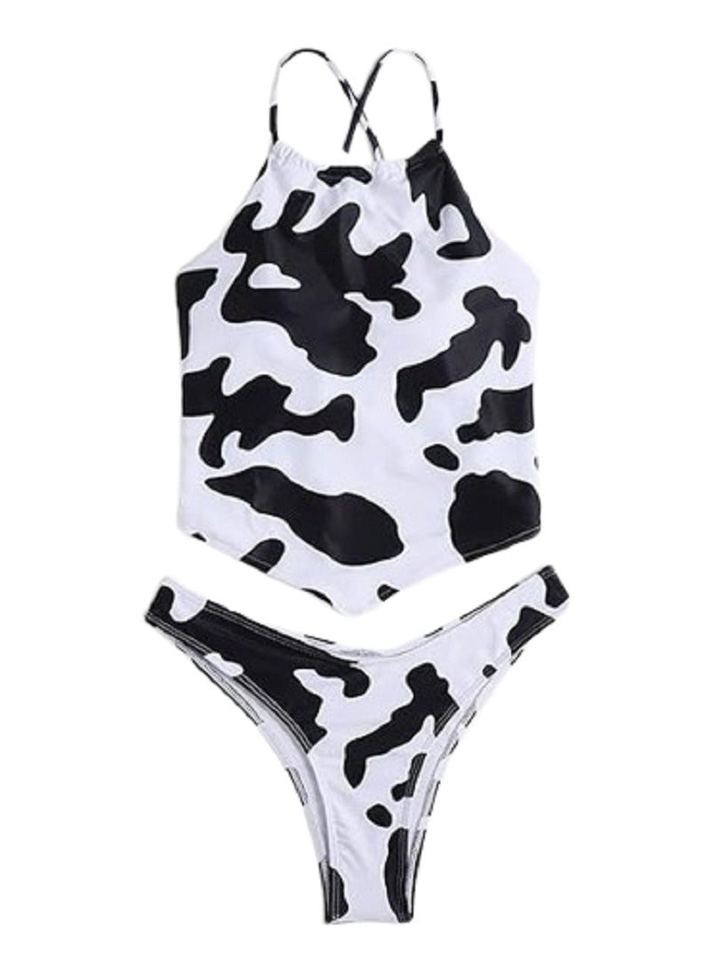 MANIKAN MANIKAN  two-piece lingerie set with a black and white cow print with a tie at the back  - Image 1
