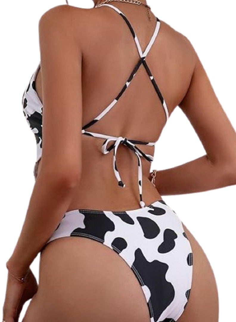 MANIKAN MANIKAN  two-piece lingerie set with a black and white cow print with a tie at the back  - Image 3