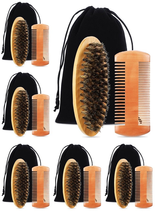 Tobeelec 6 Sets Beard Brush and Comb Bulk - Natural Boar Bristle Beard Brush Set, Beard Brush and Comb Set with Pear Wood Fine-Tooth Comb and Black Velvet Travel Pouch For Men Beard Care - Image 1