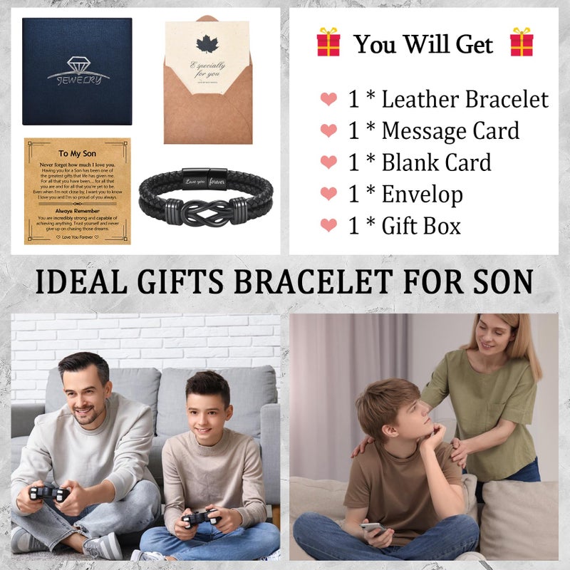 EPIRORA Gifts for Son from Mom Dad- Black Braided Leather Infinity Knot Bracelets for Men Boys, Son Jewelry Gifts for Christmas Birthday Graduation Anniversary Valentine's Day - Image 3