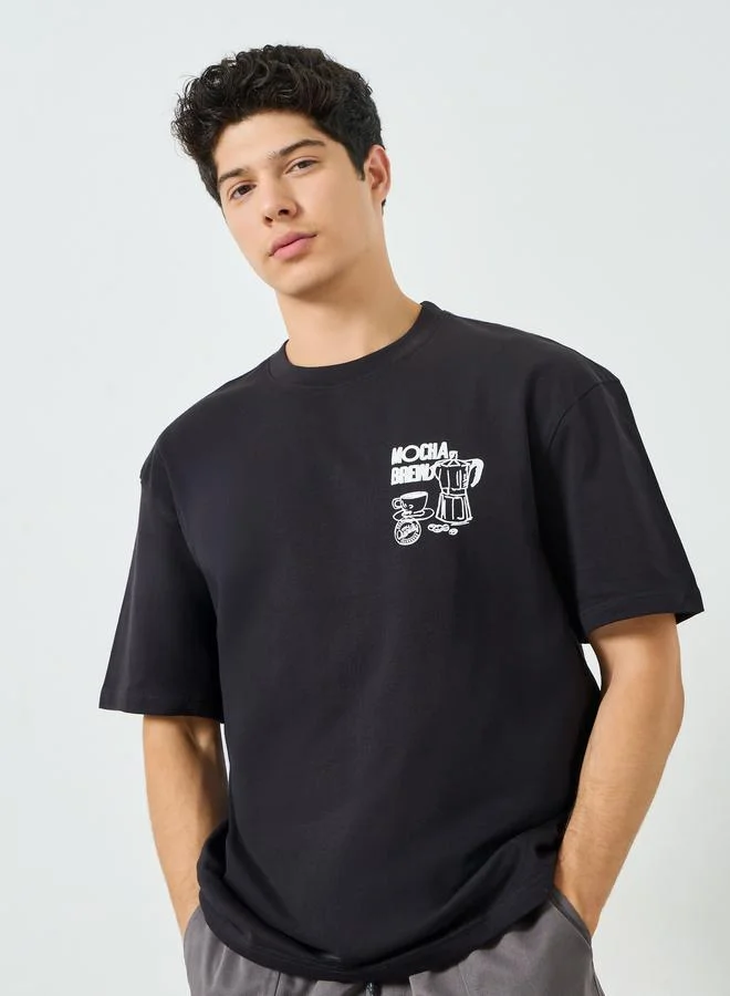 Styli Men Black Coffee Graphic Print Crew Neck T-Shirt