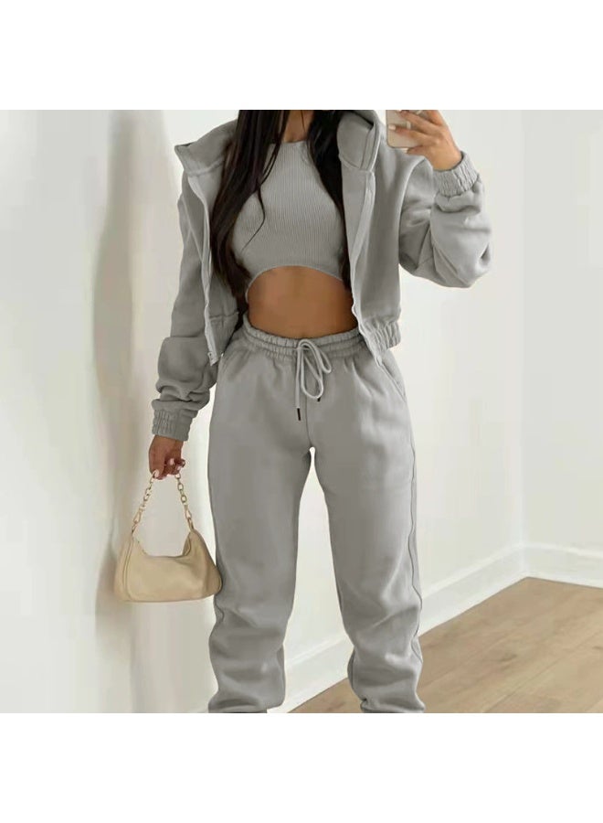 general Women's three-piece long pants with fleece hooded sweatshirt for sporty and casual winter outfit set - Image 1