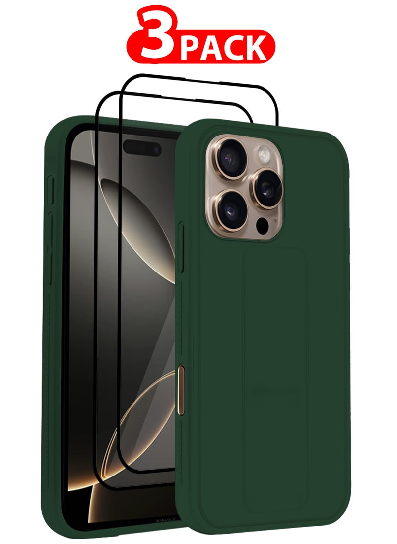 CATANES - (for Apple iPhone 16 Pro) 3Packs, Case  PU Leather Back Cover Stand Function Finger Grip Case Cover with Shock Proof Screen Protector / Green - Image 1