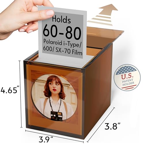 WINKINE Acrylic Polaroid Frame & Photo Storage Box for i-Type/600/SX-70/Instax Square Film, 4.2''x3.5'' Film Frame, Vintage Box with Sliding Lid, Amber, 1 Pack - Image 3