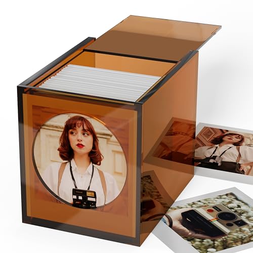 WINKINE Acrylic Polaroid Frame & Photo Storage Box for i-Type/600/SX-70/Instax Square Film, 4.2''x3.5'' Film Frame, Vintage Box with Sliding Lid, Amber, 1 Pack - Image 1