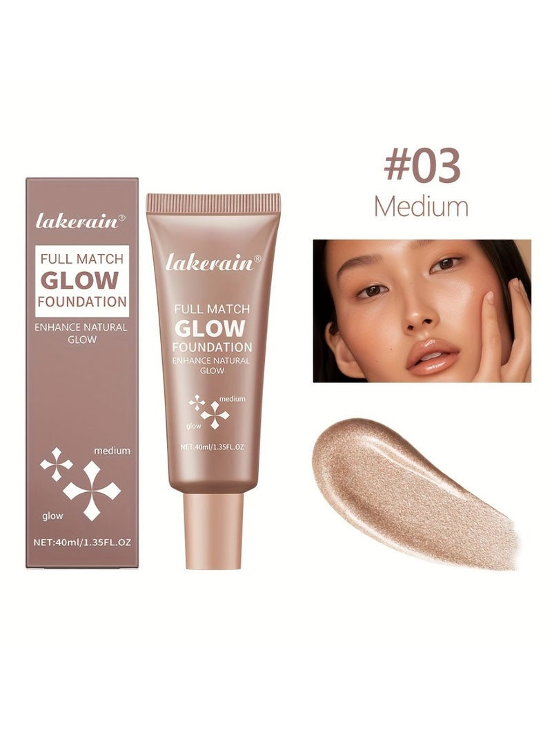 lakerain فونداسيون جلو الكامل لتعزيز الإشراقة الطبيعية - فاونديشن سائل مع هايلايتر للمكياج للوجه والجسم - مرطب بتغطية عالية ودائم - كريم هايلايتر فاونديشن 40 مل - متوسط 03 - Image 2