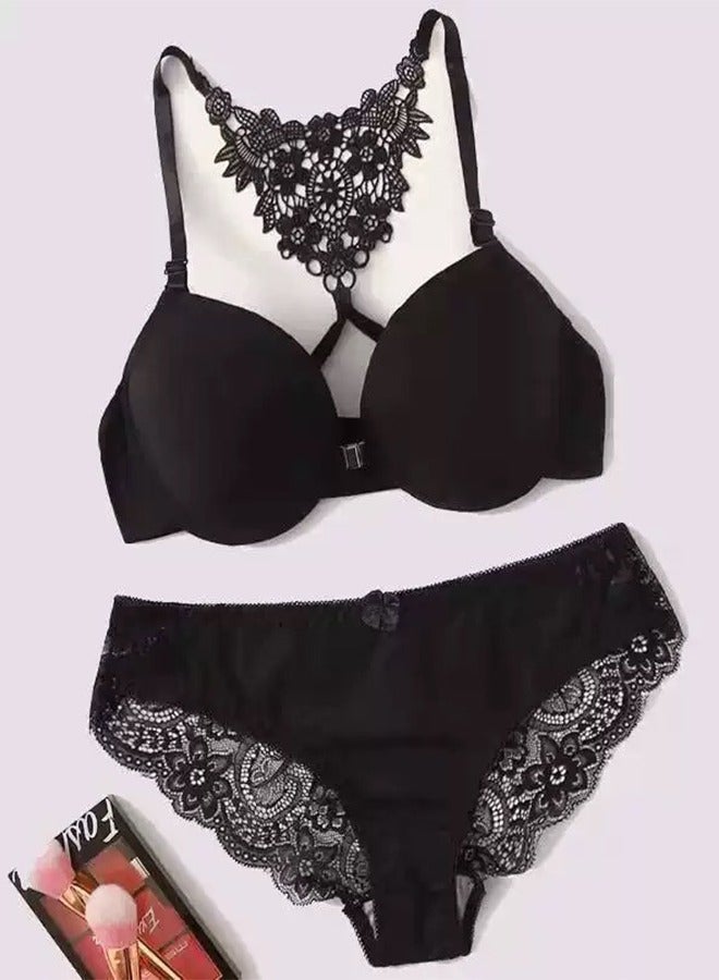 Comfy Solid Color Thin Cup Bra Panty Set Black Size L 