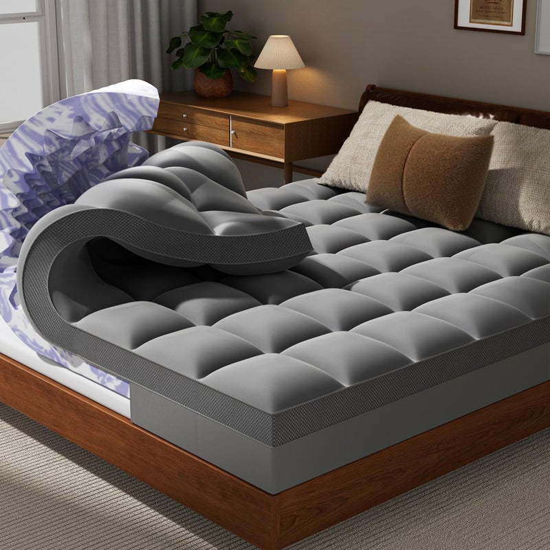 ChiXpace Dual Layer 5 Inch Memory Foam Mattress Topper Queen - 3 Inch Pillow Top Mattress Pad and 2 Inch Gel Memory Foam, 7-Zone Egg Crate Queen Size Mattress Topper (Gray) - Image 1