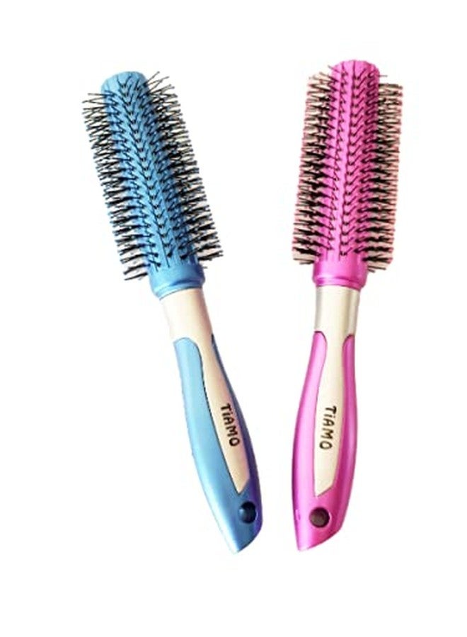 Tiamo Round Plastic Hairbrush set BLUE and PINK for grooming. - Image 1