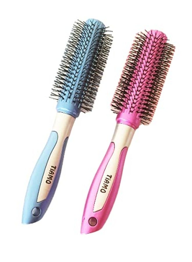 Tiamo Round Plastic Hairbrush set BLUE and PINK for grooming. - Image 2