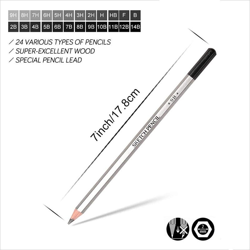Prescent Prescent Set of 24 Sketching Pencils 14B,12B,11B,10B,9B,8B,7B,6B,5B,4B,3B,2B,B,F,HB,H,2H,3H,4H,5H,6H,7H,8H & 9H Graphite Pencils for Artists, Beginners, College and School Art Work (Set of 24)  - Image 3