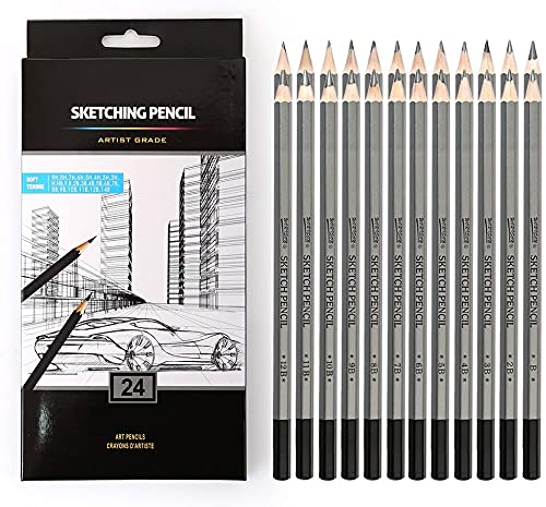 Prescent Prescent Set of 24 Sketching Pencils 14B,12B,11B,10B,9B,8B,7B,6B,5B,4B,3B,2B,B,F,HB,H,2H,3H,4H,5H,6H,7H,8H & 9H Graphite Pencils for Artists, Beginners, College and School Art Work (Set of 24)  - Image 1