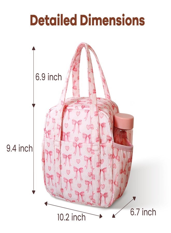 Yarnic Lunch Bag Women Men Insulated, Large Corduroy Lunch Box for Work with Bottle Pockets, Stylish Reusable Cooler Tote for Adults Teachers Picnic Hiking (Pink Bow) - Image 5