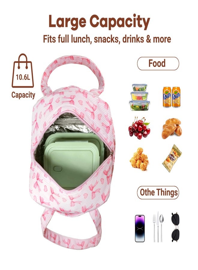 Yarnic Lunch Bag Women Men Insulated, Large Corduroy Lunch Box for Work with Bottle Pockets, Stylish Reusable Cooler Tote for Adults Teachers Picnic Hiking (Pink Bow) - Image 3