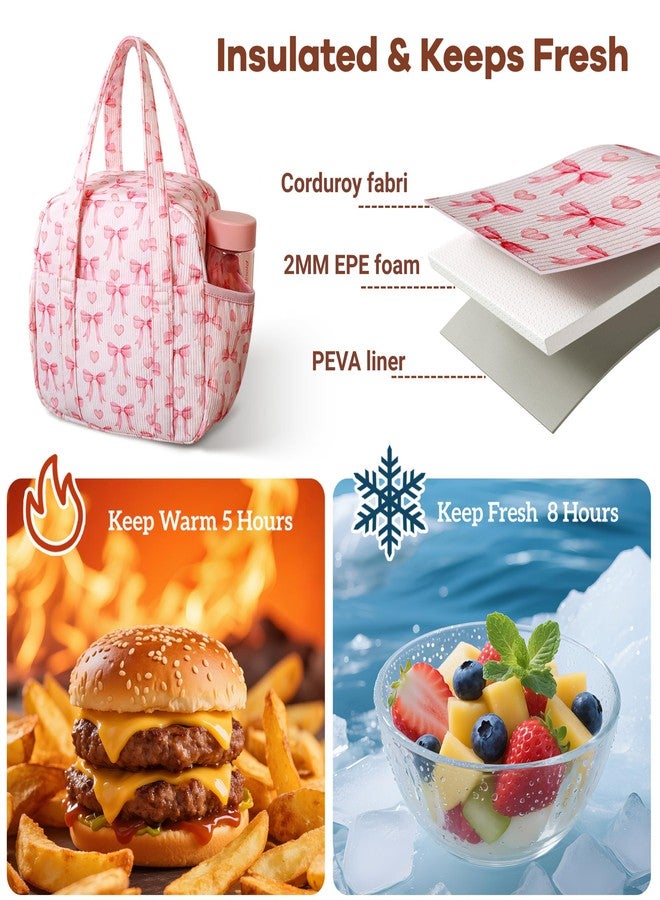 Yarnic Lunch Bag Women Men Insulated, Large Corduroy Lunch Box for Work with Bottle Pockets, Stylish Reusable Cooler Tote for Adults Teachers Picnic Hiking (Pink Bow) - Image 2