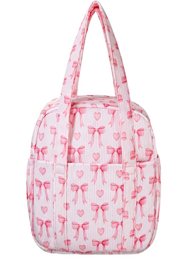 Yarnic Lunch Bag Women Men Insulated, Large Corduroy Lunch Box for Work with Bottle Pockets, Stylish Reusable Cooler Tote for Adults Teachers Picnic Hiking (Pink Bow) - Image 1