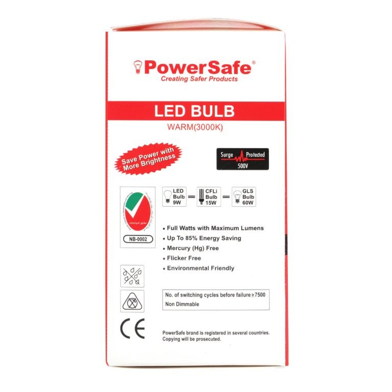Terminator PowerSafe LED Bulb 9W Warm White E27, 765 Lumen, 3000K, 85% Energy Saving, 15,000 Hours Lifespan, with Surge Protection, ESMA Approved - Image 3