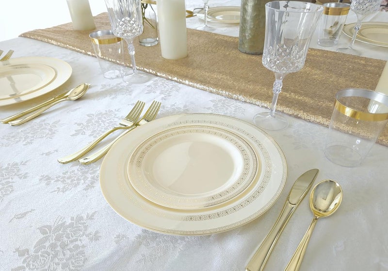OCCASIONS FINEST PLASTIC TABLEWARE " 50 Plates Pack (25 Guests)-Heavyweight Wedding Party Disposable Plate Set -25 x 10.5'' Dinner + 25 x 7.5'' Salad/Dessert plates (Lace Ivory & Gold) - Image 3