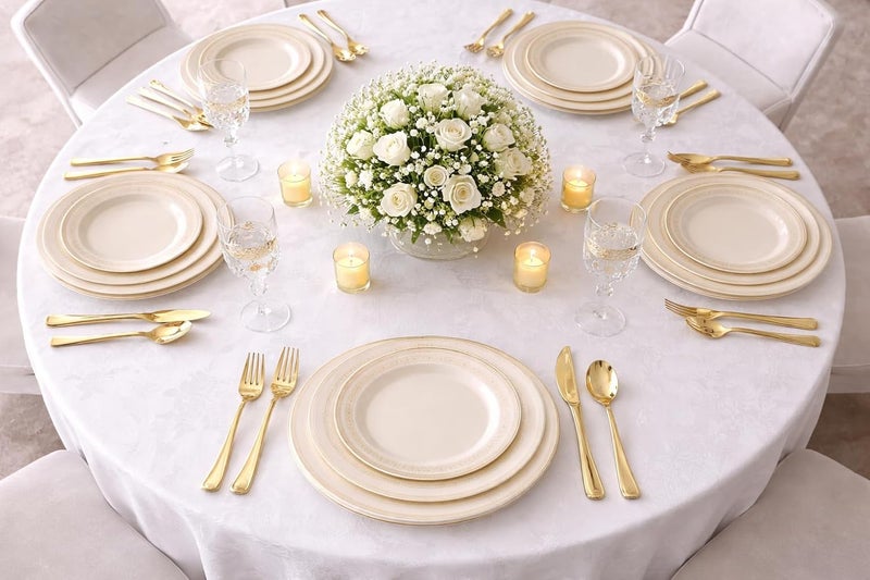 OCCASIONS FINEST PLASTIC TABLEWARE " 50 Plates Pack (25 Guests)-Heavyweight Wedding Party Disposable Plate Set -25 x 10.5'' Dinner + 25 x 7.5'' Salad/Dessert plates (Lace Ivory & Gold) - Image 5