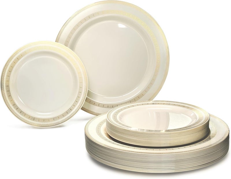 OCCASIONS FINEST PLASTIC TABLEWARE " 50 Plates Pack (25 Guests)-Heavyweight Wedding Party Disposable Plate Set -25 x 10.5'' Dinner + 25 x 7.5'' Salad/Dessert plates (Lace Ivory & Gold) - Image 1