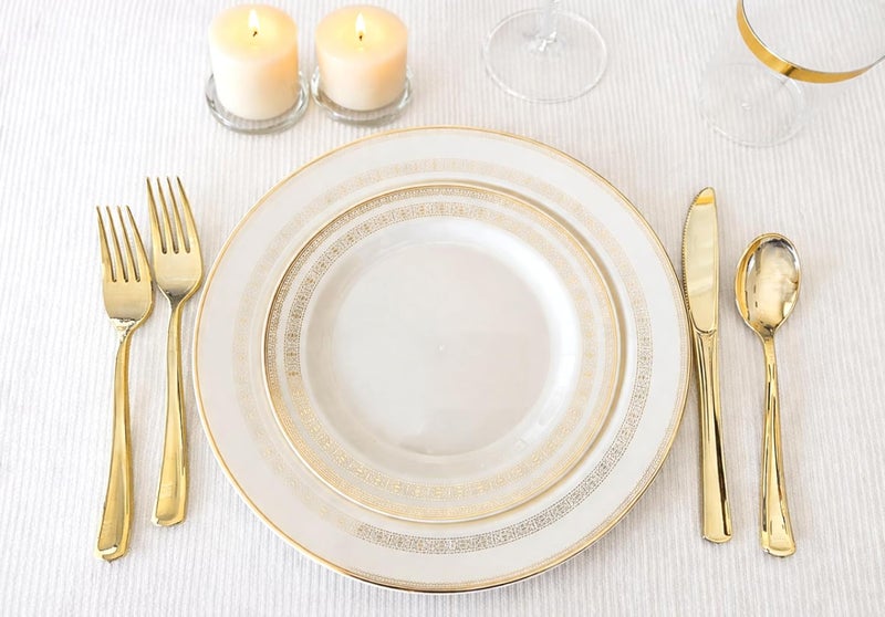 OCCASIONS FINEST PLASTIC TABLEWARE " 50 Plates Pack (25 Guests)-Heavyweight Wedding Party Disposable Plate Set -25 x 10.5'' Dinner + 25 x 7.5'' Salad/Dessert plates (Lace Ivory & Gold) - Image 2