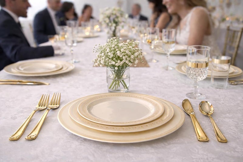 OCCASIONS FINEST PLASTIC TABLEWARE " 50 Plates Pack (25 Guests)-Heavyweight Wedding Party Disposable Plate Set -25 x 10.5'' Dinner + 25 x 7.5'' Salad/Dessert plates (Lace Ivory & Gold) - Image 4