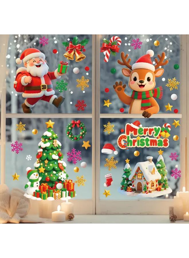 4 ملصقات عيد الميلاد للنوافذ - سانتا، الرنة، رجل الثلج، نجوم الثلج - ثابتة قابلة للإزالة من مادة PVC، ديكور العيد - Image 1