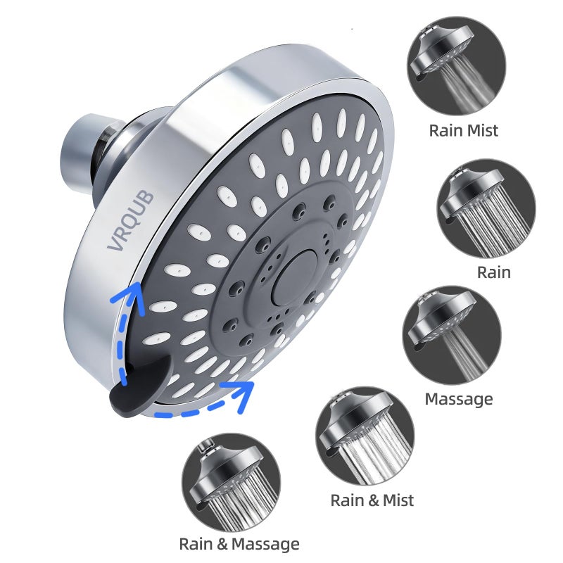 VRQUB High Pressure Fixed Showerheads,5-Mode High Flow Fixed Showerheads,4inch Rain Shower Heads with adjustable Metal Swivel Ball Jiont - Image 5