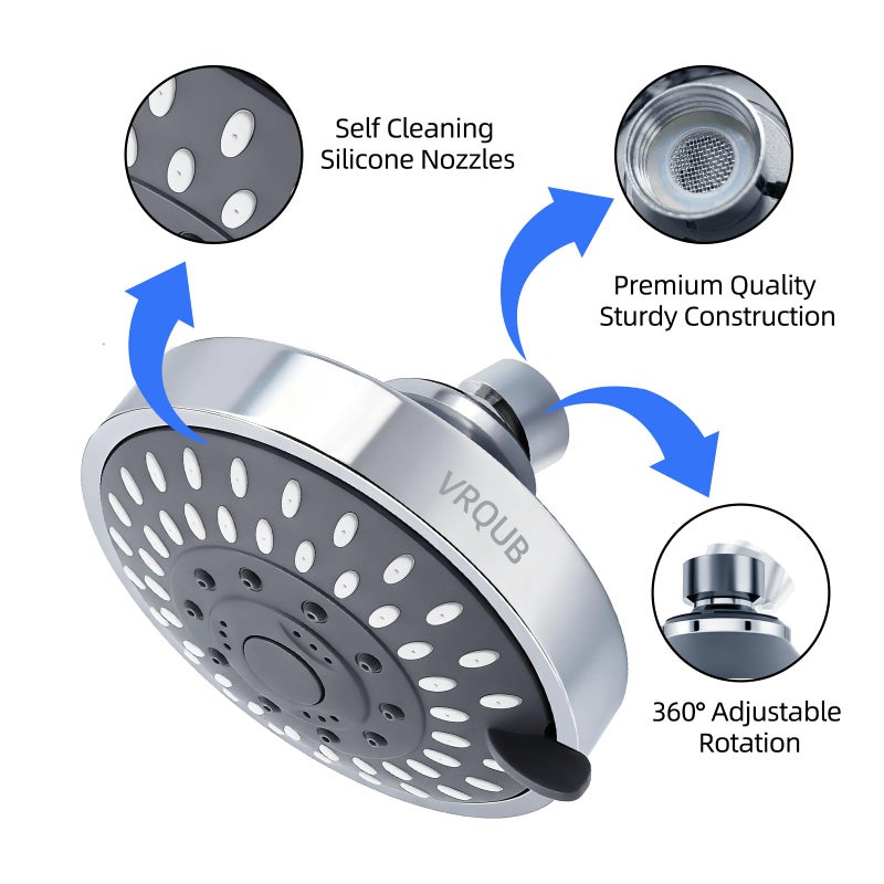 VRQUB High Pressure Fixed Showerheads,5-Mode High Flow Fixed Showerheads,4inch Rain Shower Heads with adjustable Metal Swivel Ball Jiont - Image 3