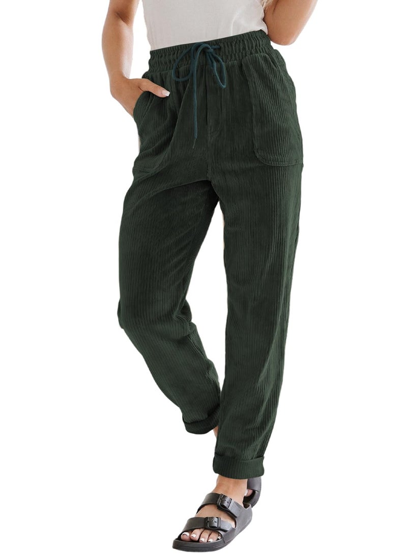 EVALESS Casual Corduroy Pants for Women Drawstring Elastic Waist Pants Spring 2026 Comfy Straight Leg Trousers with Pockets Green Medium - Image 1