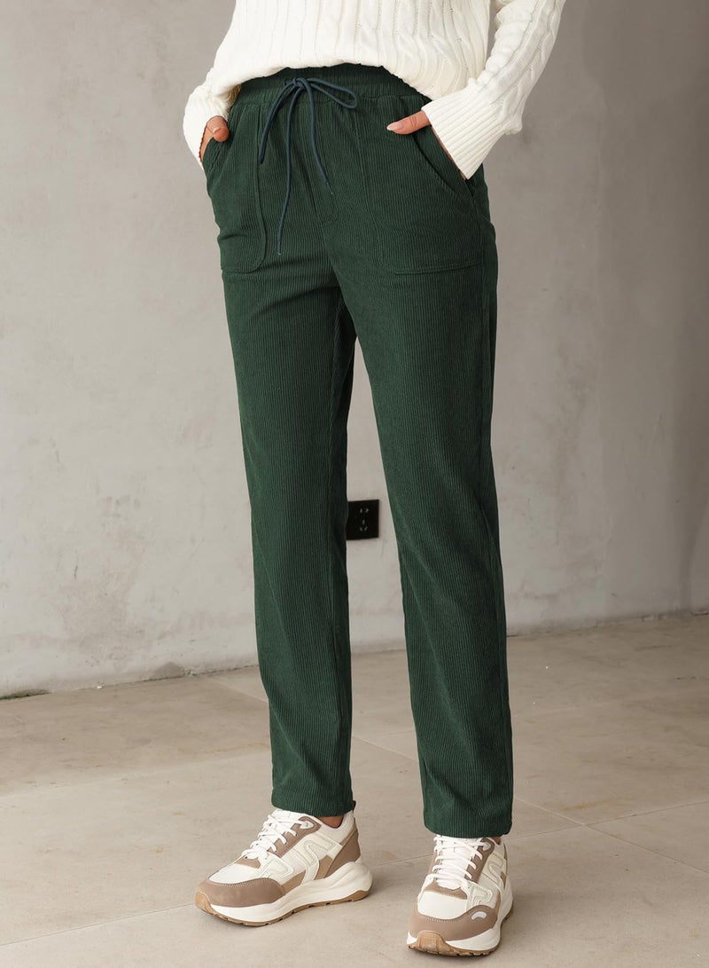 EVALESS Casual Corduroy Pants for Women Drawstring Elastic Waist Pants Spring 2026 Comfy Straight Leg Trousers with Pockets Green Medium - Image 5