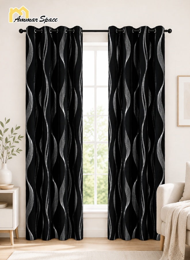 Ammar Space Blackout Curtain, 1 Panel Silver Wave Pattern Thermal Insulated Room Darkening Curtain with Metal Grommet Top, Privacy Window Drapes for Bedroom Living Room, Black, [132*213CM]