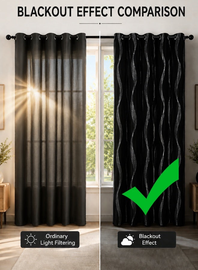 Ammar Space Blackout Curtain, 1 Panel Silver Wave Pattern Thermal Insulated Room Darkening Curtain with Metal Grommet Top, Privacy Window Drapes for Bedroom Living Room, Black, [132*213CM] - Image 5