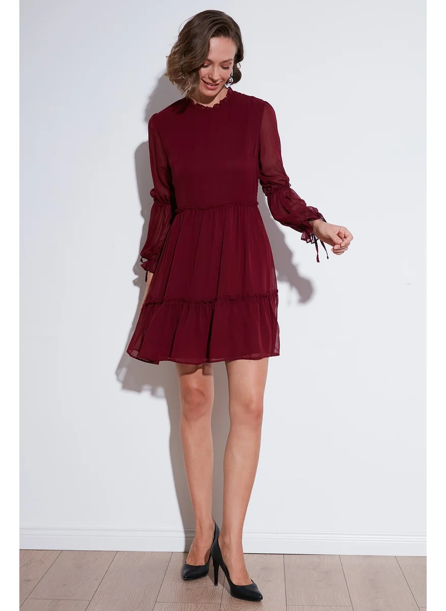 ليلا Regular Fit Stand Collar Gathered Lined Mini Dress Women's Dress 611EL345