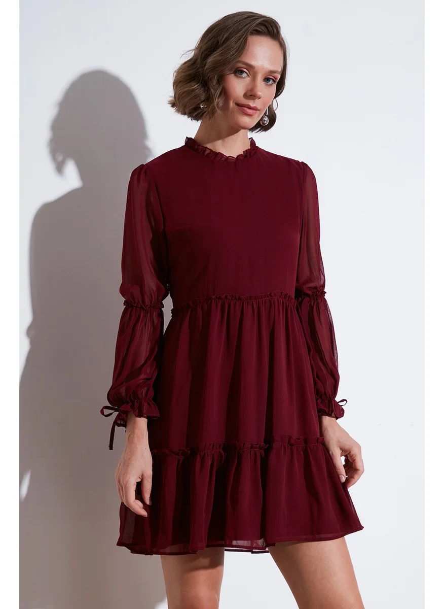 ليلا Regular Fit Stand Collar Gathered Lined Mini Dress Women's Dress 611EL345