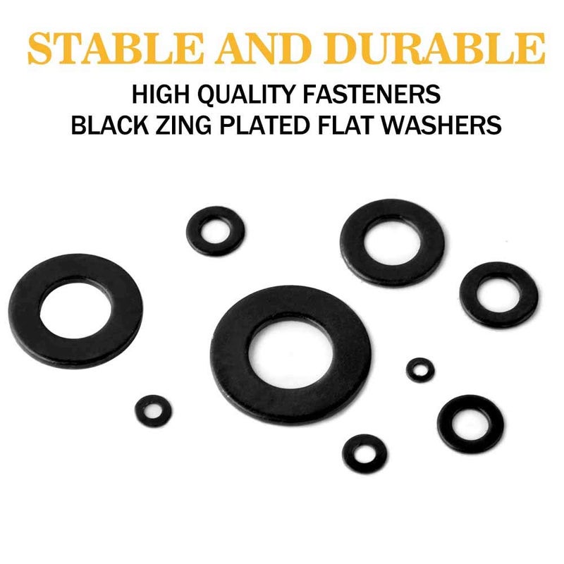 VIGRUE 684Pcs Metric Flat Washers Assortment Kit, M2 M2.5 M3 M4 M5 M6 M8 M10 M12 Black Washers for Screws, Zinc Plated Alloy Steel - Image 3