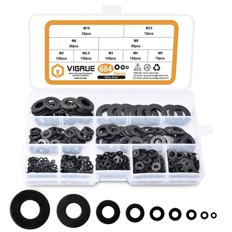 VIGRUE 684Pcs Metric Flat Washers Assortment Kit, M2 M2.5 M3 M4 M5 M6 M8 M10 M12 Black Washers for Screws, Zinc Plated Alloy Steel - Image 1