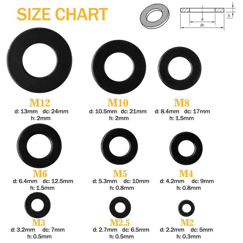 VIGRUE 684Pcs Metric Flat Washers Assortment Kit, M2 M2.5 M3 M4 M5 M6 M8 M10 M12 Black Washers for Screws, Zinc Plated Alloy Steel - Image 2