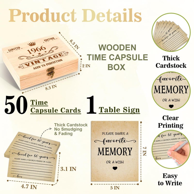 QUPT 60th Birthday Party Share a Memory Set, 1966 Birthday Gifts for Women Men, 1966 Wooden Share A Memory Box with Memory Sign and 50 Pcs Memory Cards, 1966 Birthday Gifts, 60th Birthday Party Decorations - Image 2