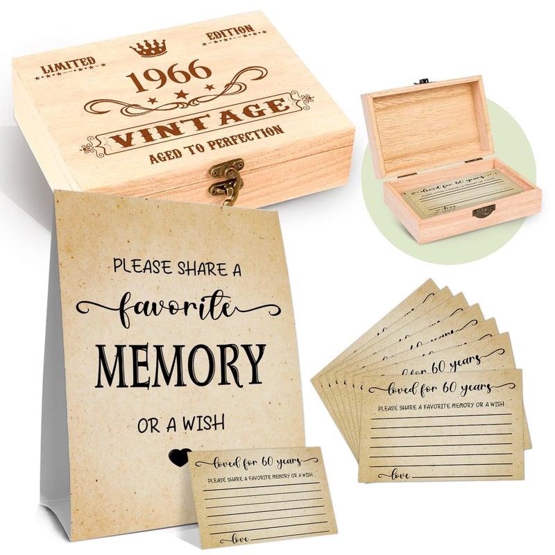 QUPT 60th Birthday Party Share a Memory Set, 1966 Birthday Gifts for Women Men, 1966 Wooden Share A Memory Box with Memory Sign and 50 Pcs Memory Cards, 1966 Birthday Gifts, 60th Birthday Party Decorations - Image 1