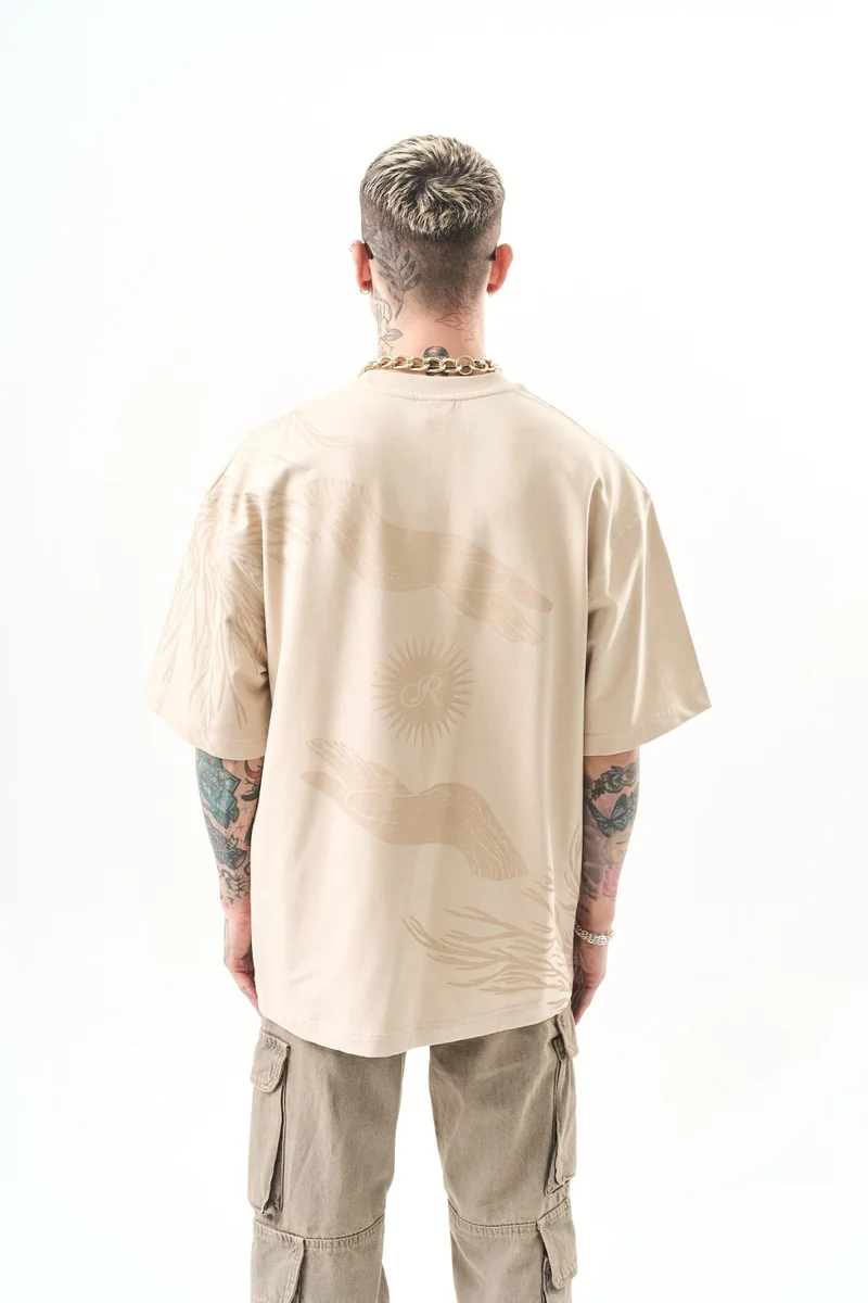 RESPIRE Men's Hand Print Oversize T-Shirt, Beige