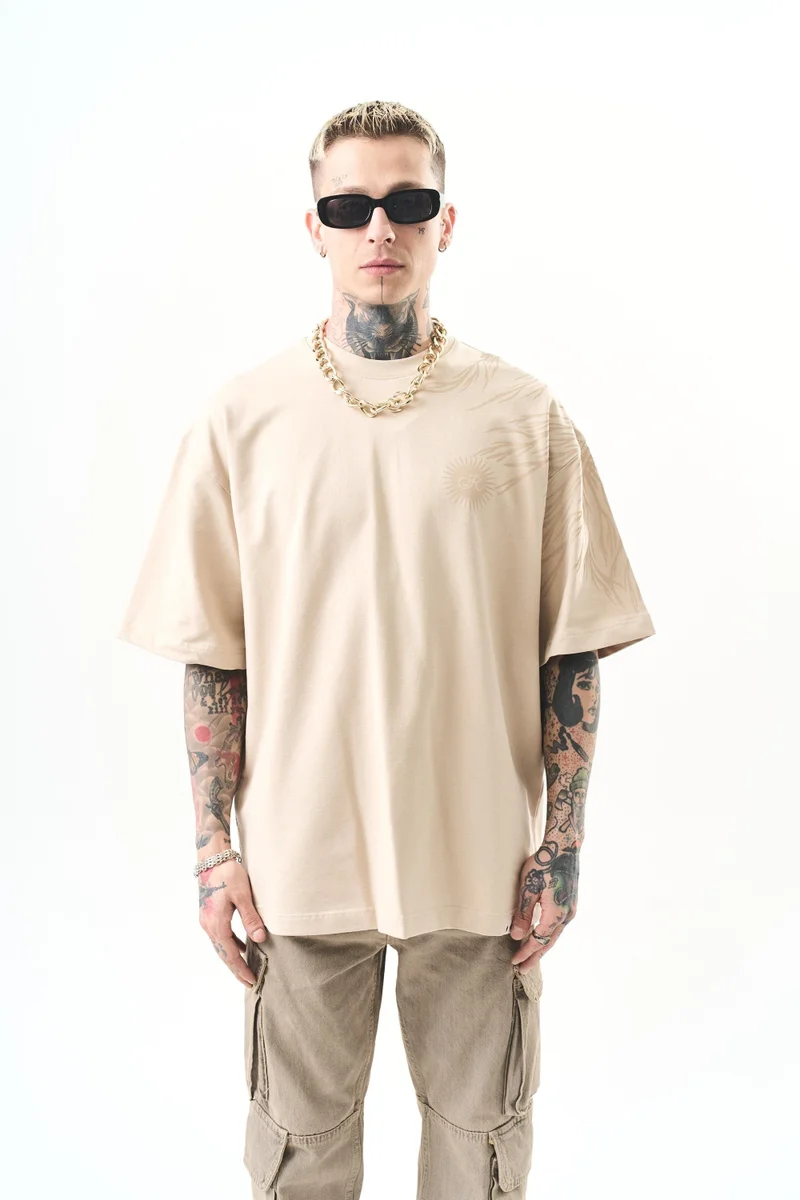 RESPIRE Men's Hand Print Oversize T-Shirt, Beige
