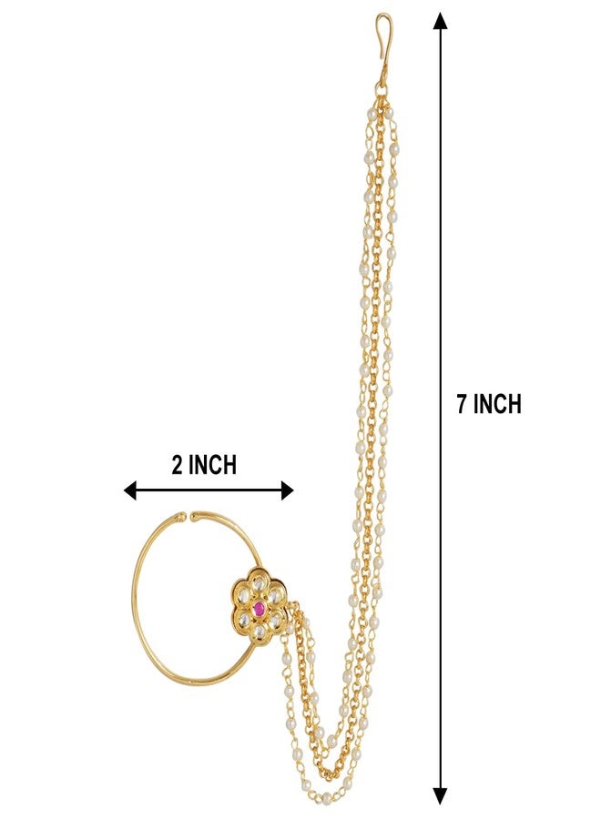 Peora Gold Plated Traditional Kundan Studded Floral Nose Ring Nath without Piercing with Pearl Beaded Chain - Image 3