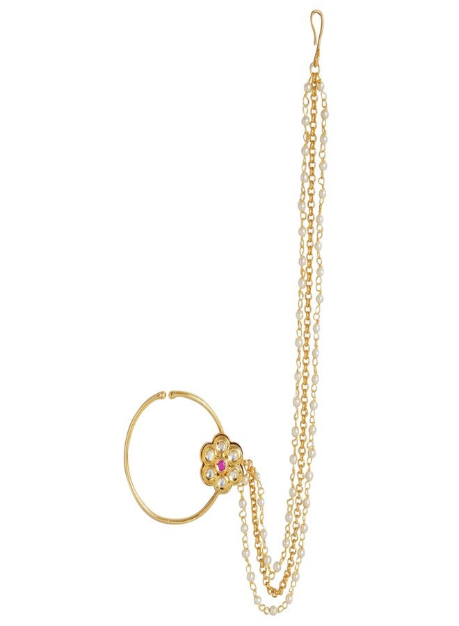 Peora Gold Plated Traditional Kundan Studded Floral Nose Ring Nath without Piercing with Pearl Beaded Chain - Image 2