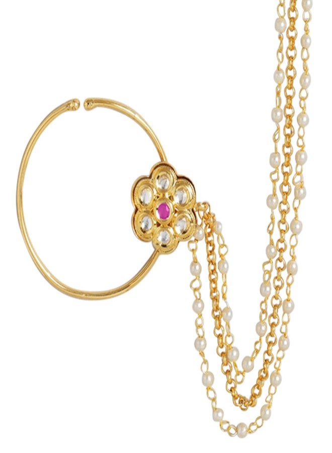 Peora Gold Plated Traditional Kundan Studded Floral Nose Ring Nath without Piercing with Pearl Beaded Chain - Image 1