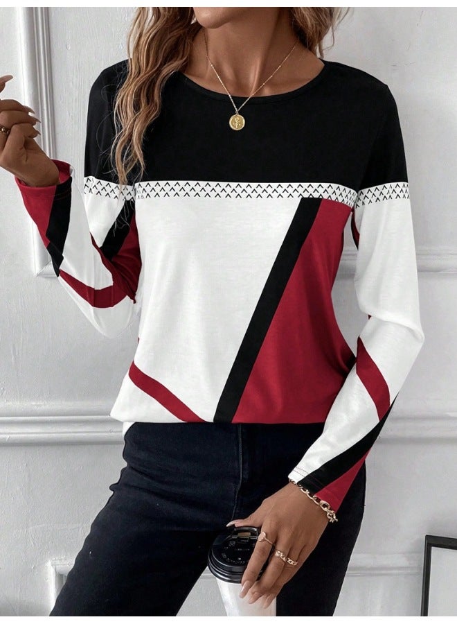Round Neck Geometric Print Top – Contrast Stitching