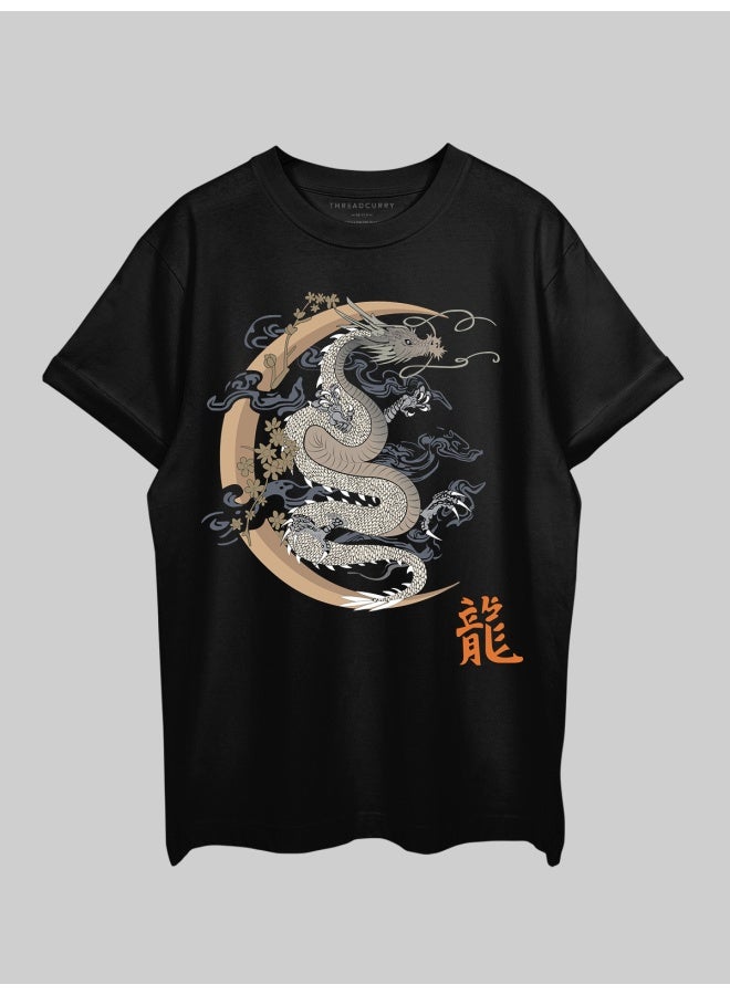 THREADCURRY THREADCURRY Golden Dragon Oversized Drop Shoulder Cotton Loose Printed T-Shirt for Men  - Image 1