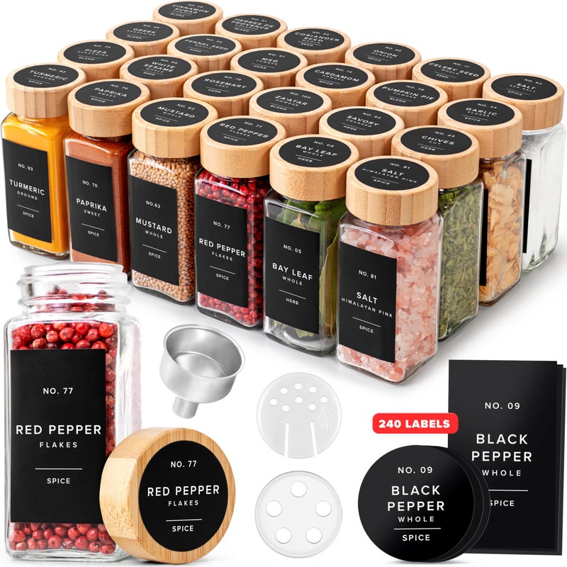 EDELHAUSÂ® Square Spice Jars with Bamboo Wooden Lid (Pack of 24) Spice Jars with Shaker Insert and 240 Labels - Bamboo Lid Glass Container for Spice Organisation [4.3 in Ã— 1.8 in] - Image 1