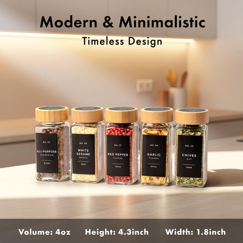 EDELHAUSÂ® Square Spice Jars with Bamboo Wooden Lid (Pack of 24) Spice Jars with Shaker Insert and 240 Labels - Bamboo Lid Glass Container for Spice Organisation [4.3 in Ã— 1.8 in] - Image 2
